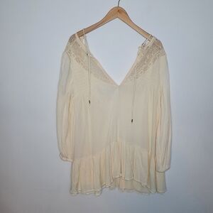 Free People Beige Drop Waist Lace & Ruffle Hem Front Tie Tunic Top Size …